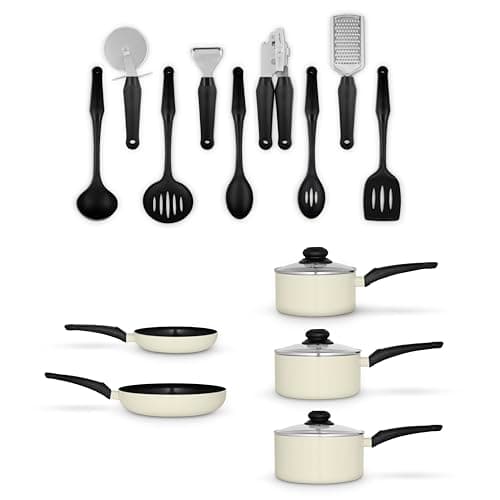 Image of Swan Townhouse 14 Piece Aluminium Cookware and Tool Set with 16/18/20cm Saucepans with Glass Lids and 20/26cm Frying Pans, Cream