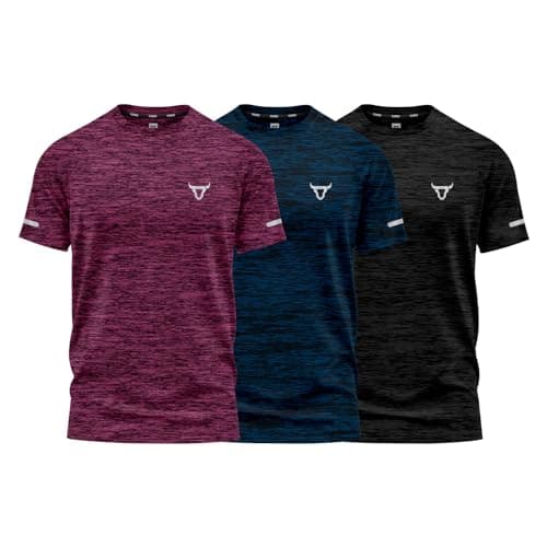 Image of Pack of 3 Mens Workout Short Sleeve T-Shirts Athletic Fit Fast Drying Moisture Wicking Sports Style T-Shirts (UK, Alpha, M, Regular, Regular, Pack of 3 Blue Black Maroon)