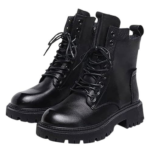 Image of Generisch Women's Winter Lace-Up Ankle Boots, Warm, Leather Ankle Boots with Heel, Plain Non-Slip Boots with Chunky Heel, Round Toe, Flat Lace-Up Boots, black, 2/2.5 UK