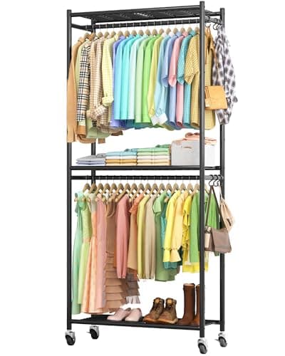 Image of Sakugi Clothes Rail - Clothes Rack with Shelves & Wheels, Multi-Functional Clothing Rail with Hooks, Sturdy Metal Garment Rack for Bedroom, Laundry, Balcony, 84cm × 31cm × 202cm, Black