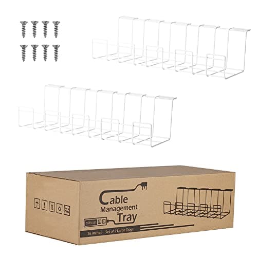 Image of Baskiss 2 Packs Cable Management Tray, 40cm Under Desk Organizer for Wire Organization, Metal Holder for Desktop Computer Home Office Kitchen Workstation to Cover and Hide Power Strips (White)