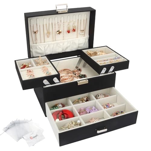 Image of Jewellery Box Organiser, 3 Layer PU Leather Jewellery Case, Large Jewellery Organiser with Drawer, Jewellery Storage Case for Necklaces Earrings Bracelets and Rings, Black