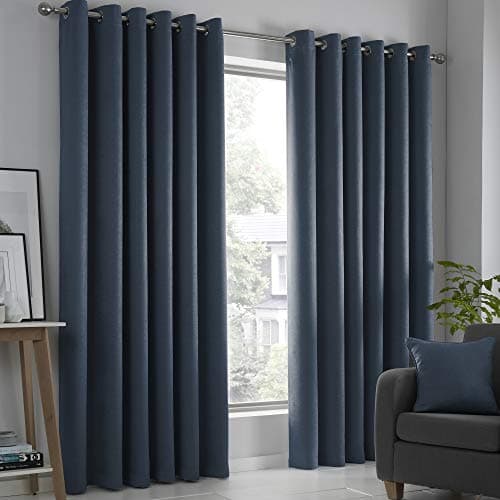 Image of Fusion Strata Eyelet Curtains – W46 x L54" (117x137cm) – Navy Blue – Thermal Drapes – 2 Panels – Dark Blue Door Curtains – Bedroom & Living Room – Modern Style – Light Blocking Fabric