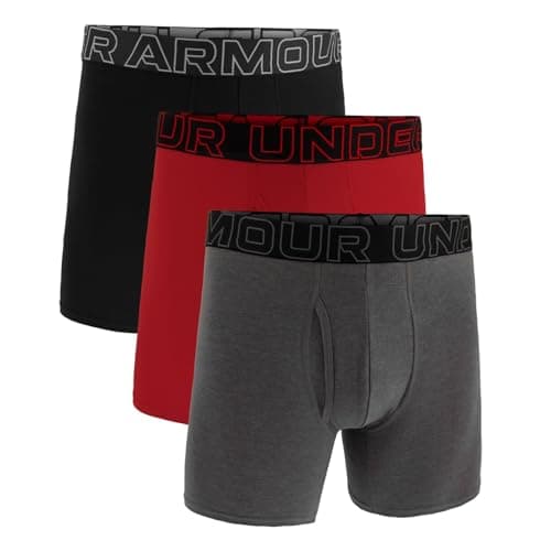Image of Under Armour Men's 3-Pack Performance Cotton Boxer Brief, 6" Inseam – Breathable, Moisture Wicking, Soft Touch, All-Day Comfort, Black/Red/Grey, XL