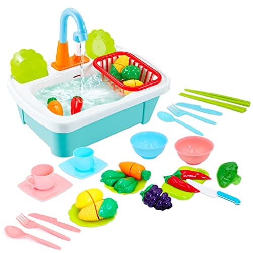 Image of deAO Kitchen Sink Toy for Kids, 28 PCS Play Sink Set with Water Faucet, Cutting Food Toys, Dishes and Drainer Basket, Pretend Play Kitchen Toys Sink for Boys & Girls Ages 3+