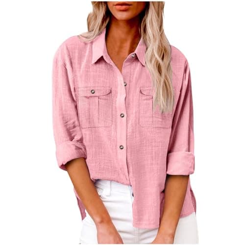 Image of AMhomely Button Down Blouse Women Long Sleeve Oversized Shirt Casual Tops with Breast Pocket Solid Loose Office Work Tunic Tops Baggy Pullover Shirts Going Out Tees Shirts Holiday Vacation Pink XXL