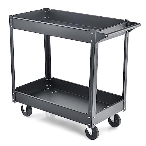 Image of GiantexUK 2/3-Tier Tool Trolley, Metal Frame Utility Service Cart with 4 Wheels and Handle, Heavy Duty Rolling Storage Trolley for Office, Garage, Warehouse and Workshop (2-Tier, Flat Handle, Black)