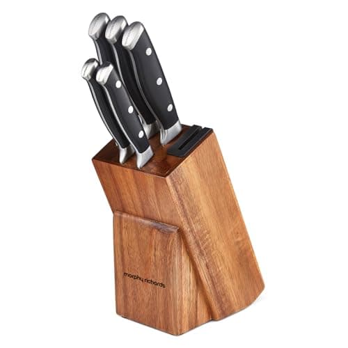 Image of Morphy Richards 5-Piece Knife Block with Sharpener, Kitchen Set, Butt-Welded Design, Long Lasting Sharpness, Precision Cutting, Ergonomic, Acacian Wood, Paring, Ultilty Slicing, Bread, Chef, 868000