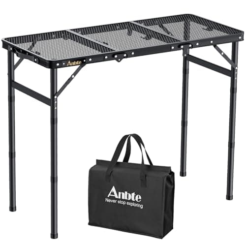 Image of Anbte Folding Camping Table, Aluminum Camping Table Adjustable Height Max 70 cm Picnic Table with Mesh Desktop, Lightweight, Portable Handle For Outdoor Cooking BBQ Picnic, 88 cm x 40 cm, Black