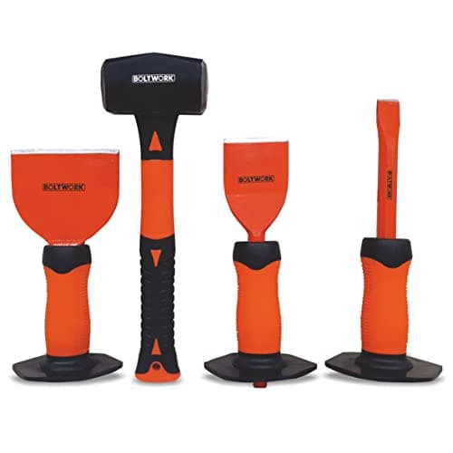 Image of BOLTWORK Hammer Bolster Chisel 4 pc Set 2.5lb Brick Bolster 4" Electricians Bolster 2 ¼” with Guards Chisel 19mm X 250mm Hammer with Fiberglass Shaft Rubber Grip Handle, Drop Forged