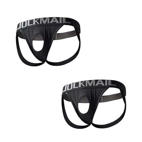 Image of JOCKMAIL Men's 2-Pack Jockstrap Underwear Low Rise with Open Front Jockstrap Breathable Jock Straps for Gym Training & Daily Wear (UK, Alpha, M, Regular, Regular, black+black)