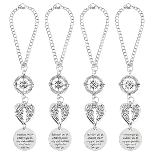 Image of PH PandaHall 4pcs Angel Wings Car Charms Guardian Angel Pendants with Compass Cars Rear View Mirror Hanging Ornament Metal Car Pendants Mirror Hanger Decor for Women Men Lover Family Christian Gifts