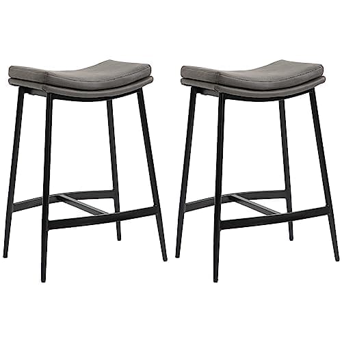 Image of HOMCOM Breakfast Bar Stools Set of 2, Microfibre Upholstered Barstools, Industrial Bar Chairs with Curved Seat and Steel Frame for Dining Room, Kitchen, Grey