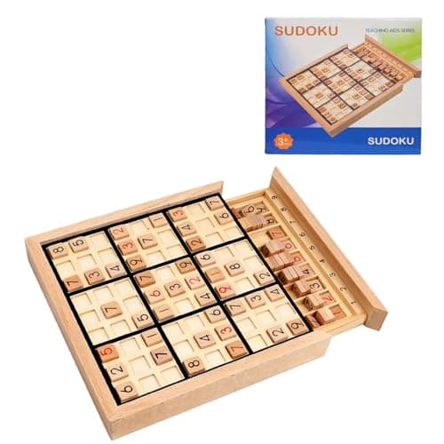 Image of Wooden Sudoku Puzzle Board Game with Drawer, Includes Extra Number Tiles and Puzzles Booklet, Educational Logic Brain Teaser Toy for Adults and Kids (Black)