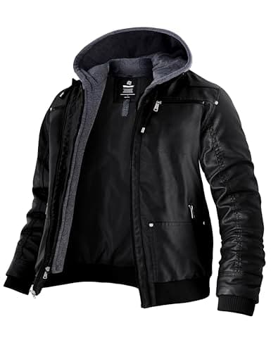 Image of Wantdo Men's Faux Leather Jacket with Removable Hood Motorcycle Jacket Casual Vintage Warm Winter Coat Black XL