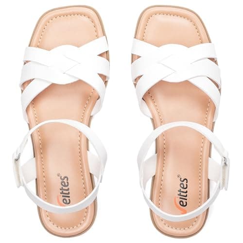 Image of Veittes Women's Flat Slide Sandals - Casual Braided Strappy with Adjustable Buckle Summer Sandals.White 6
