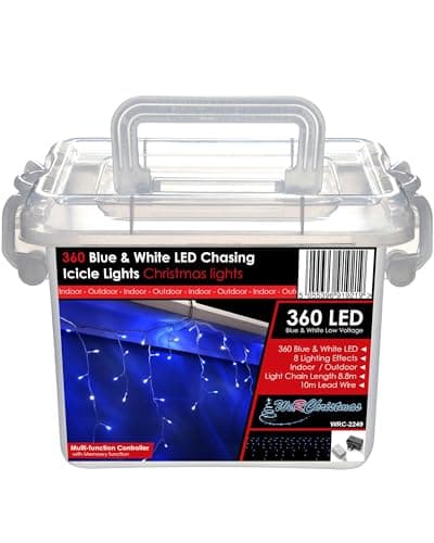 Image of WeRChristmas 360 LED Snowing Icicle Christmas Lights String with Chasing/Static Settings with 18.8 m Cable, Blue and White