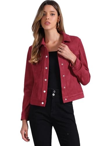 Image of Allegra K Women's Faux Suede Turn-Down Collar Shacket Flap Pockets Snap Button Western Jacket Wine Red M