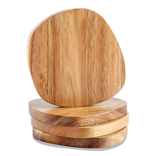 Image of Acacia Wood Coasters Set of 4, 3.93 Inch Unique Shaped Non-Slip Drink Coasters Without Holder for Glasses, Coffee & Wine, Natural Wood Table Decor for Home, Office & Christmas