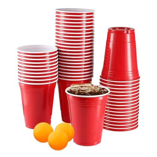 Image of CaterCo Red Party Cups - 16oz (450ml) - 50 Pack - Disposable and Reusable Plastic Cups for Games, Parties, Birthdays, Picnics, and Christmas - Sturdy and Versatile Cups - 16oz (450ml) - 50 Pack