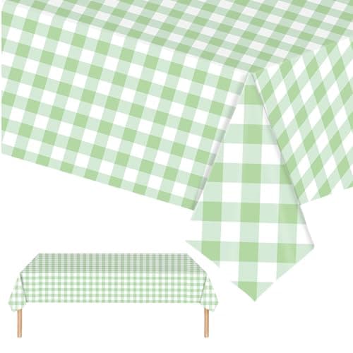 Image of 2Pcs Green Checkered Table Cloth Party,137*274cm Light Green Plastic Table Cover Kid Adult Birthday Gingham Tablecloth,Large Rectangular Christmas Table Cloths for Parties BBQ Picnic Birthday Wedding