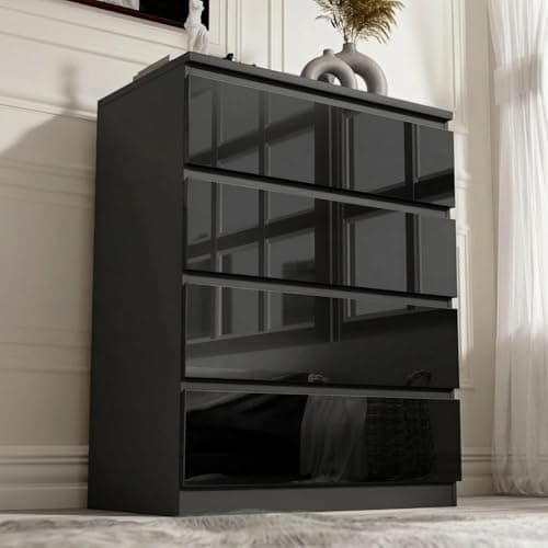 Image of Blisswood Black High Gloss Chest of Drawers 4 Drawer Bedroom Furniture Storage Unit with Smooth Metal Runners, Modern Tall Cabinet for Bedroom, Living Room, Office, Hallway 40D x 70W x 95.5H CM Black