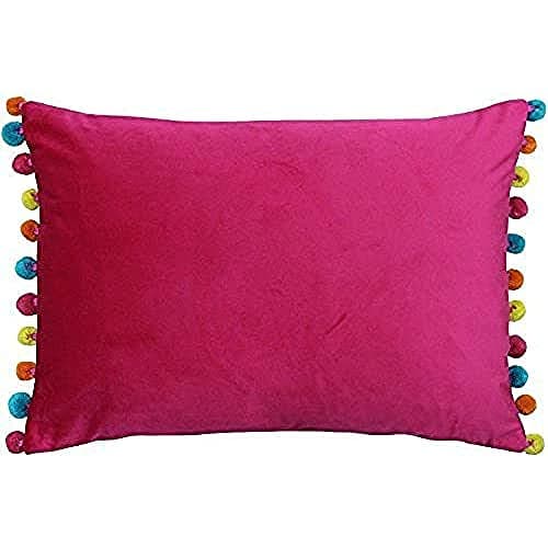 Image of Paoletti Fiesta Rectangular Cushion Cover – Faux Velvet with Pompom Edges (Hot Pink/Multi – 35 x 50cm)