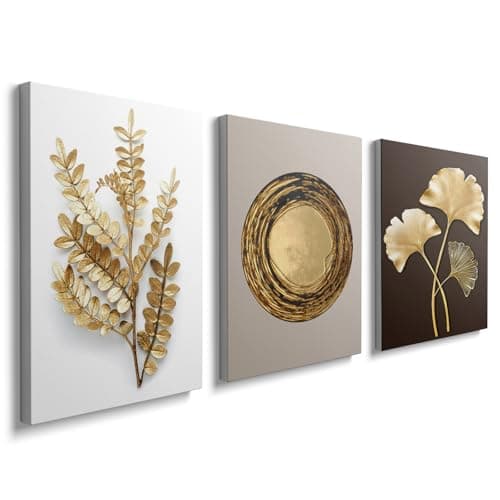 Image of prinfantasy 3 Pcs Wooden Framed Canvas Wall Art Caramel Gold Leaves Canvas Prints Painting Picture for Living Room Bedroom Hallway Stairs Wall Decor 90x40cm (12"x16"x3pcs), YH1401