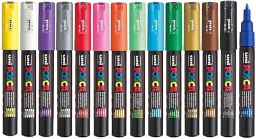 Image of Posca PC-1M Assorted Colour Extra Fine Pack Paint Marker Pens 1mm Bullet Tip Nib Writes On Any Surface Glass Metal Wood Plastic Fabric (1 Of Each Colour Extra Fine - 15 Pens)