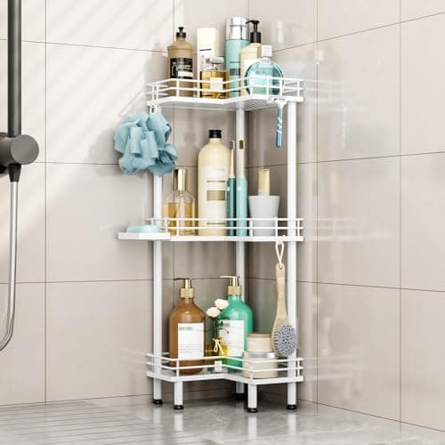 Image of HapiRm Freestanding Shower Caddy Corner - 3 Tier Shower Storage with Soap Holder, Stainless Steel Corner Bathroom Storage with 4 Hooks for Shampoo, Tall Floor Bathroom Caddy Freestanding