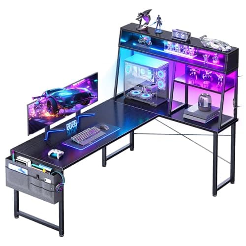 Image of Coleshome L Shaped Gaming Desk with Led Lights, 130×100 cm Reversible Corner Computer Desk with Display Shelves, PC Gaming Table with Storage Bag Black