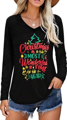 Image of Terecey Christmas Shirts for Women UK Xmas T-Shirts V-Neck Christmas Tops Long Sleeve Casual Loose Ugly Holiday Vacation Clothes Cute Printed Tee, Ink Black XL