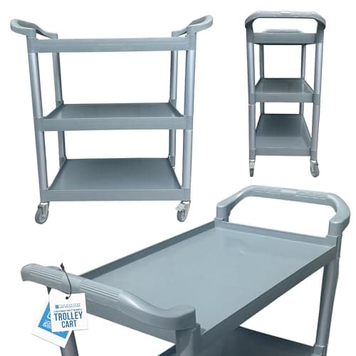Image of TDBS The Dustpan and Brush Store 3 Tier Trolley on Wheels - Catering Serving Trolley Versatile & Durable Plastic with 4 Wheels & Handle, Perfect for Kitchen, Storage, Tea, Food Serving