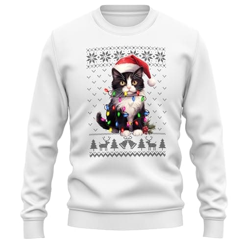 Image of Purple Print House Black and White Cat Christmas Sweatshirt For Men Women Fairisle Xmas Jumper Kitten Unisex Sweater, L, White