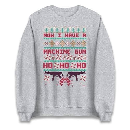 Image of Christmas Movie Jumper Now I Have A Machine Gun Ho Ho Ho, Funny Die Hard Style Xmas Holiday Sweater for Men Women Heather Grey