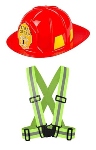 Image of jokeshop Adults Fireman Set (Red Helmet & High Yellow Vis Braces) Firefighter Fire Chief Hat Unisex Fancy Dress Emergency Services
