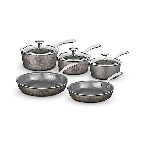 Image of Tower Cerastone Pro 5 Piece Forged Aluminium Cookware Set with Non-Stick Coating and Riveted Steel Handles, 18/20/22cm Saucepans and 20/24cm Frying Pans, Graphite, T900209