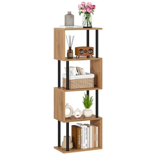 Image of IBUYKE 5/6-Tier Tall Bookshelf,S-Shaped Geometric Bookcase, Wood Display Shelves With Storage,Modern Bookshelf for Living Room Bedroom, Home Office, Oak WBC015K