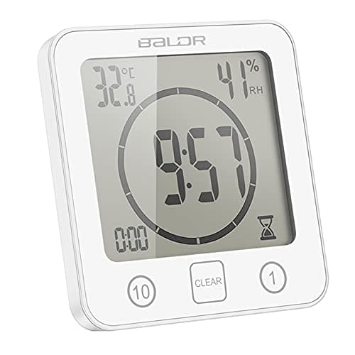 Image of ALLOMN Bathroom Clock, LCD Digital Shower Clock Alarm Waterproof Touch Control ℃/℉ Temperature Humidity, Count Down Timer, 3 Mounting Methods, Battery Power (White)