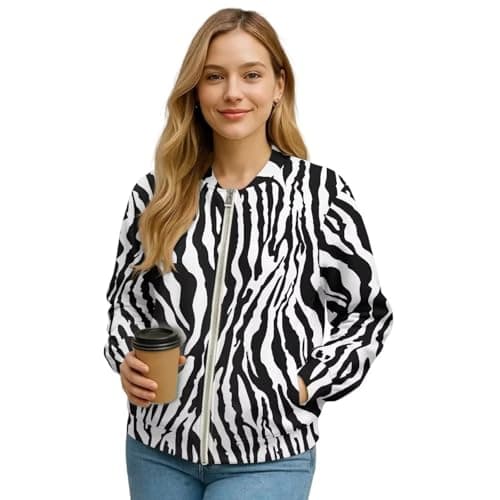 Image of Wanyint Women's Short Bomber Jacket Zip Up Loose Fit Animal Zebra Stripes Short Jackets Loose Fit Stand Collar Cropped Coats 2025 Fall Fashion Varsity Shacket Y2k Tops, Small, Zebra Print