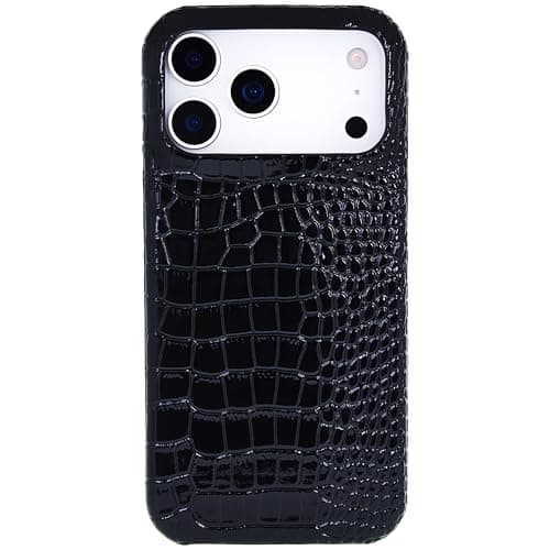 Image of DMaos for iPhone 15 Case, Crocodile Synthetic High Gloss Reflective Leather Edge Binding Cover, Slim for iPhone15 2023 6.1 inch - Black