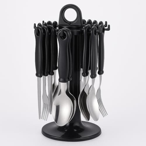Image of RANRHA 24-Piece Stainless Steel Cutlery Set with Black Handles – Includes Dinner Spoons, Forks, Knives & Teaspoons – Durable, Dishwasher Safe Flatware with Storage Stand