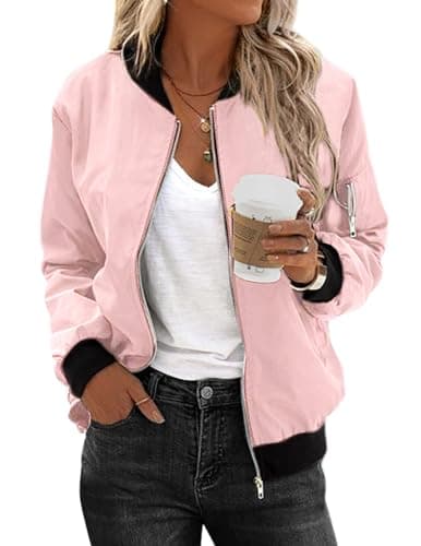 Image of Zeagoo Womens Bomber Jacket Lightweight Flight Jackets Casual Zip Up Short Coats Top with 2 Pockets Light Pink M