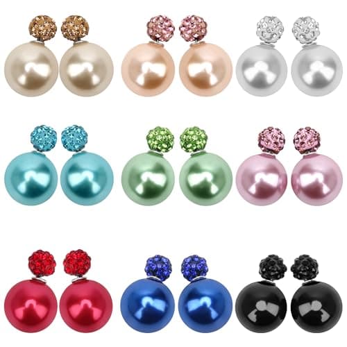 Image of 9 Pairs Pearl Earrings, Piercing Pearl Stud Earrings, Bling Rhinestone Polymer Clay Two Sided Ear Ring