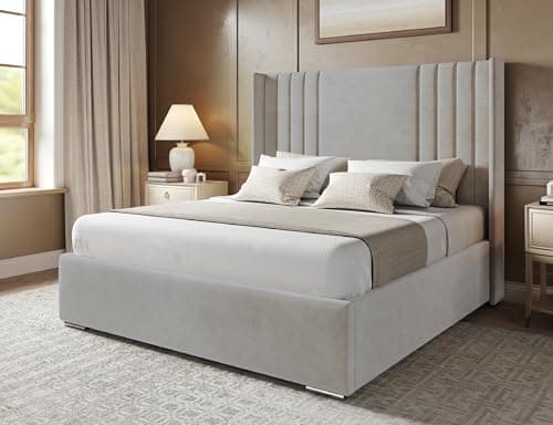 Image of Furnishion Vida Panel King Size Bed Frame 5ft, Modern Plush Velvet Upholstered Design, Luxury King Size Bed for Stylish Bedrooms, Strong 5ft King Bed Frame with Wooden Slats in Silver Plush