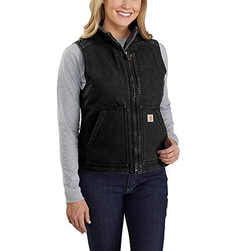 Image of Carhartt Women's Loose Fit Washed Duck Sherpa-Lined Mock Vest, Black, Extra Small