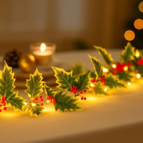 Image of Talking Tables LED Holly Shaped String Lights for Festive Tablescaping, Battery Operated, Christmas Decorations, Indoor Eco-Friendly Design for Christmas Events and Home, 2.2m