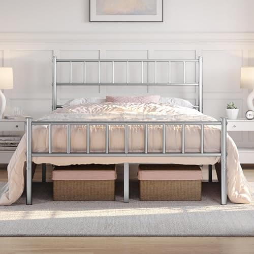 Image of Yaheetech 4ft6 Double Bed Frame Metal Bed Frame with Slatted Headboard and Footboard Solid Slat Support Silver