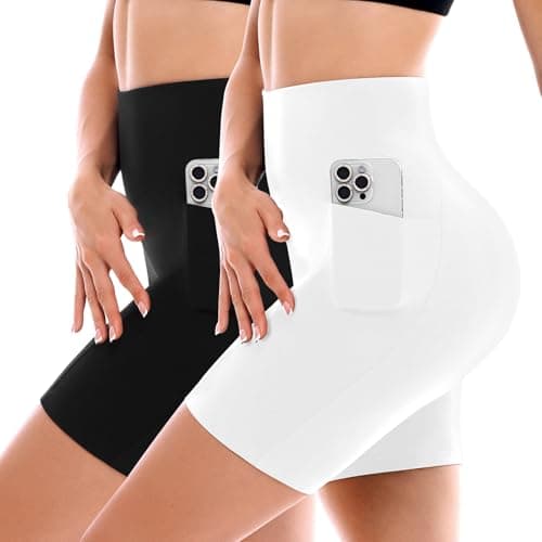 Image of SINOPHANT 2 Pack Cycling Shorts Women with Pockets High Waist Biker Yoga Running Gym Workout Buttery Soft Athletic White SM