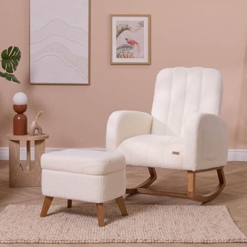 Image of Tutti Bambini Luca Bouclé Baby Rocking Chair with Footstool – Nursing Chair with Ergonomic Backrest & Armrests, Soft Bouclé Upholstery with Side Pocket for Comfortable Feeding & Cradling - Fresh Cream